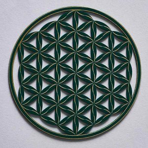 small resonance plate, coaster sized, Flower of life Line Pattern, green with gold trim