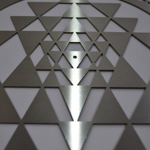 Sri Yantra Stainless Steel resonance plate close up of sacred geometry pattern